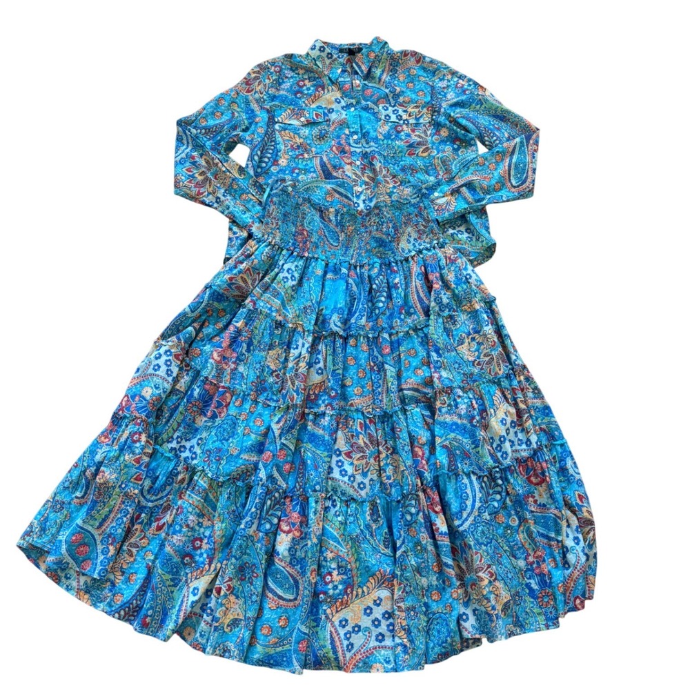 Lauren Ralph Lauren Turquoise Paisley 2 Piece Set Cotton Shirt Tiered Maxi Skirt